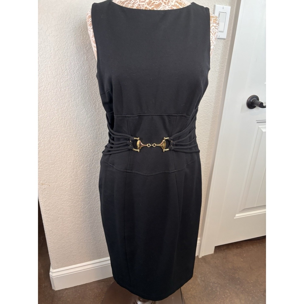 Cache Sheath Dress with Gold Buckle Size 12 Little Black Dress Sexy Classic